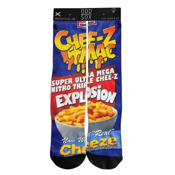 Odd Sox Chee-Z Mac Crew Socks Mens Womens Macaroni and Cheese Fits Size 6-13 NEW - Picture 1 of 1